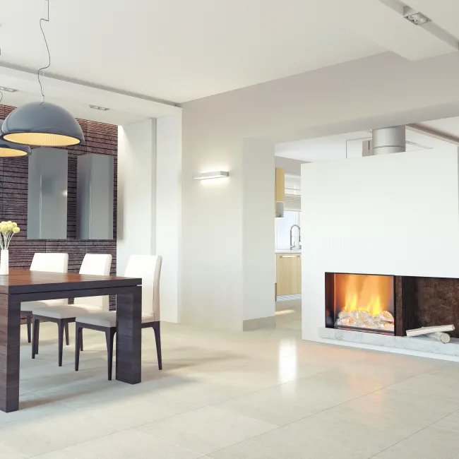 white wall with fireplace in living room with laminate flooring from The Wholesale Flooring Company in Myrtle Beach, SC